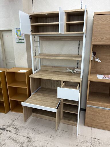 リユースのサカイ栃木店★ジモティ割あり★  食器棚 ホワイト×ベージュ W90×D45.2×H185 クリーニング済み TC10857