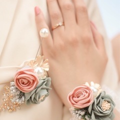 shein結婚式 ブートニア & レースブレスレットセット ピンク×ブルーグレーの画像