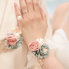 shein結婚式 ブートニア & レースブレスレットセット ピンク×ブルーグレーの画像