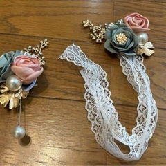 shein結婚式 ブートニア & レースブレスレットセット ピンク×ブルーグレーの画像