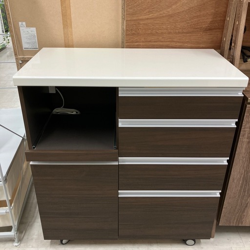 キッチンカウンター　キャスター付　スライド台　引き出し④ ブラウン×ホワイト【トレファク堺福田店】