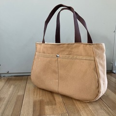【ハンドメイド】帆布トートバッグ カフェオレ  ペットボトルホルダー付き0929新品未使用の画像