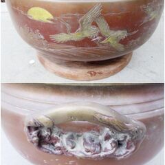 火鉢＆火箸＆風炉セット　高さ30x幅51x奥行43㎝　レトロ　アンティーク小物　金属製　年代物　古民具　手あぶり　伝統　茶道　お茶道具の画像