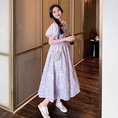 花柄 パフスリーブ オフショルダー ワンピース 紫 高見えの画像