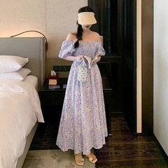 花柄 パフスリーブ オフショルダー ワンピース 紫 高見えの画像