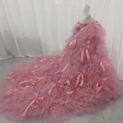 キヨコハタ風オフショルダーリボンピンクドレス。の画像