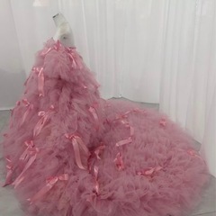 キヨコハタ風オフショルダーリボンピンクドレス。の画像