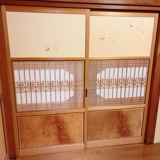 和障子アンティーク建具　鶴柄に組子のデザインがお洒落な障子美品