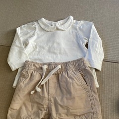 ニットロンパースとコットンシャツとショートパンツのセットの画像