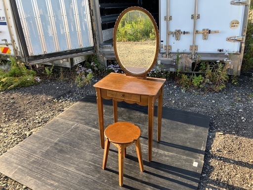 【バナナ】レトロヴィンテージ 鏡台 丸椅子セット ドレッサー 収納棚付