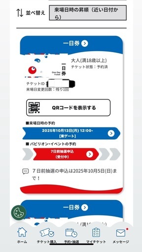 万博最終日チケット　10月13日　12時