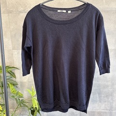 UNIQLO メリノテンセルロングセーター　M 五分袖　ネイビー　薄手の画像