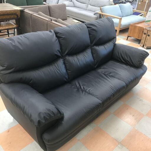 【ジャングルジャングル石川金沢店】  ソファー3人用 合皮/ブラック W196×D80×H83 クリーニング済み