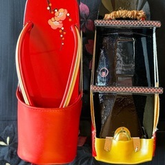 【漆塗】和装用 雨下駄　赤×金 梅の花柄の画像