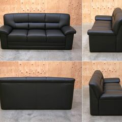 ≪zyt2474ジ限≫ 美品 ３人掛けソファ 幅180cm 合成皮革 ブラック リビング/応接/中古家具/宮城県仙台市 70926-04の画像