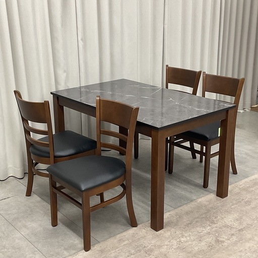KJ-6【新入荷　アウトレット品】ルビーBK ダイニング5点セット　マーブルストーン調