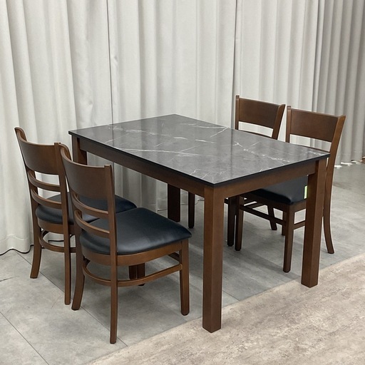 KJ-6【新入荷　アウトレット品】ルビーBK ダイニング5点セット　マーブルストーン調