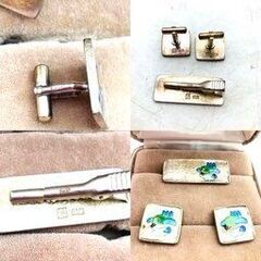 【❗️✨ヴィンテージ✨❗️】 銀製カフス＆タイピン 七宝焼風工芸 香合＋展示会記念飾りセットの画像