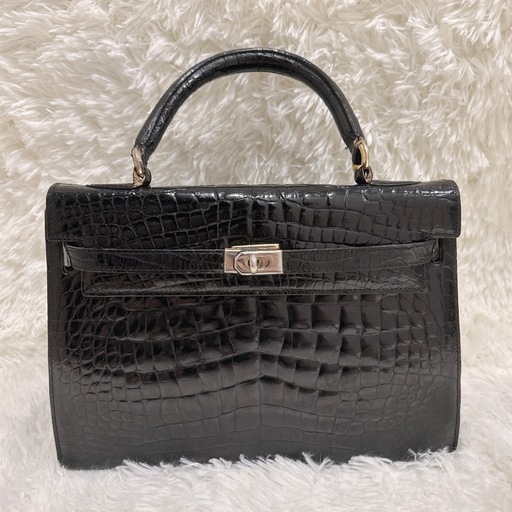 シャイニング リアルクロコ ハンドバッグ ターンロック ブラック
