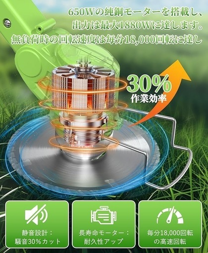 草刈り機 充電式 21Vバッテリー2個付属 軽量1.5kg 4種替刃・補助車輪付