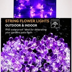 ①新品　ソーラー式 自動点灯　イルミネーション　フラワー200灯　紫　LED ライト　ガーデン　ベランダ　防犯　太陽光で充電　パーティの画像