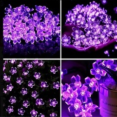 ①新品　ソーラー式 自動点灯　イルミネーション　フラワー200灯　紫　LED ライト　ガーデン　ベランダ　防犯　太陽光で充電　パーティの画像