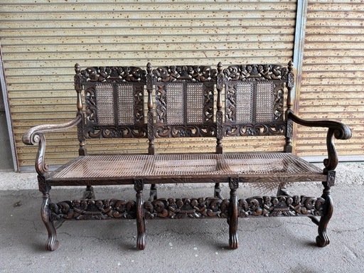 【GO-1230】ベンチ 3人掛け ラタン 籐 木彫り 昭和レトロ アンティーク