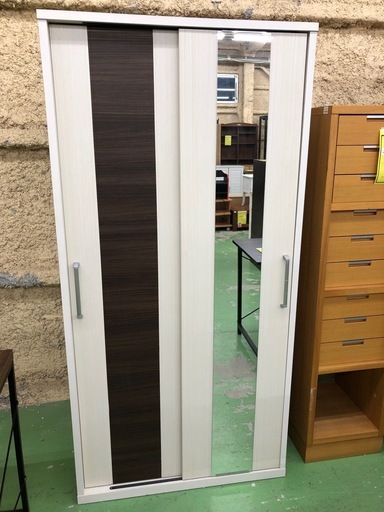 【ドリーム川西店御来店限定】☆ジモティー見たよ♪割引☆  三友ファニチャースライド扉ワードローブ ホワイト×ブラウン クリーニング済み