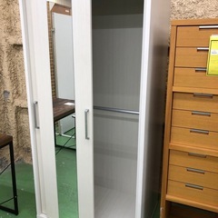 【ドリーム川西店御来店限定】☆ジモティー見たよ♪割引☆  三友ファニチャースライド扉ワードローブ ホワイト×ブラウン クリーニング済み 【99560000028498】の画像