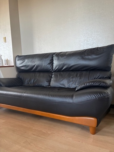 【美品】高級3人掛けソファー　黒革レザー ハイバック