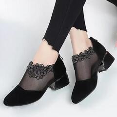 女性の花のラインストーンメッシュブロックヒール 多用途ドレスローヒール【24㎝】の画像