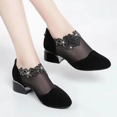 女性の花のラインストーンメッシュブロックヒール 多用途ドレスローヒール【24㎝】の画像