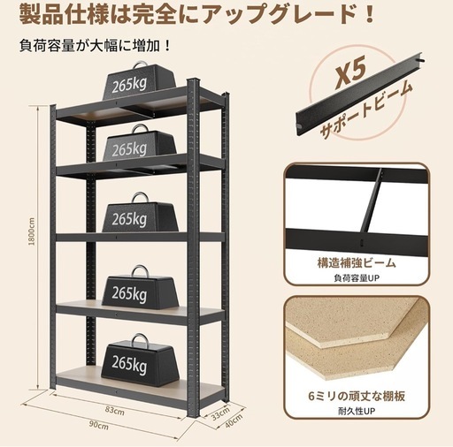 新品未使用　高さ180cm スチールラック 5段 高耐荷重収納棚 限界耐荷重1325KG メタルラック スチール棚 置物架 組立簡単 高さ調整可能 物置 作業台 倉庫用 ガレージ (ブラック, 幅90*奥行40*高180CM)