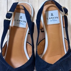 LANVIN en Bleu リボン 厚底 サンダル ネイビー 24cm チャンキーヒール ラインストーンの画像