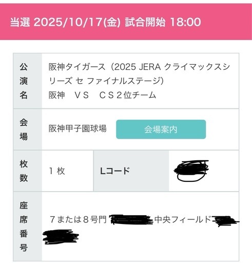 阪神タイタイガースCS第3戦チケット（本日限定と取引）
