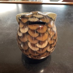 昭和レトロ　フクロウ 陶器貯金箱、木製小物入れセットの画像