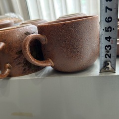 未使用保管品　備前流し　蓋付きカップ　スプーン茶托付き　5客セットの画像