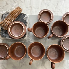 未使用保管品　備前流し　蓋付きカップ　スプーン茶托付き　5客セットの画像