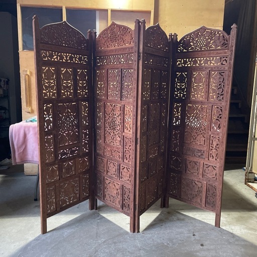 中古品 パーテーション 透かし彫り アジアン アンティーク 木製 木彫り 4枚