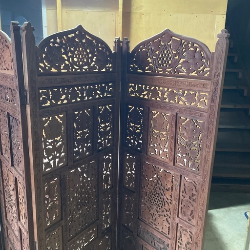 中古品 パーテーション 透かし彫り アジアン アンティーク 木製 木彫り 4枚 