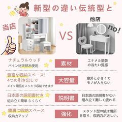 アルファシート ドレッサー 3段 引き出し 収納 コンパクト 化粧台 スライドミラー スツール付き 北欧風モダン 狭小空間対応 (ホワイト, S)の画像