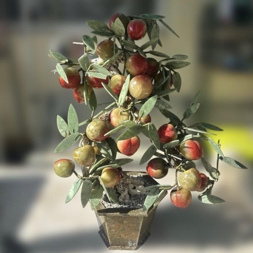 中国美術　桃樹玉石　桃木玉石盆栽　景泰藍　石細工彫刻　置物　縁起物