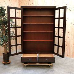 ≪yt2055ジ≫ 北海道民芸家具 アンティーク調 ガラス戸キャビネット 高さ180cm クラレインテリア/観音開き/書棚/本箱/中古家具/宮城県仙台市 71003-04の画像