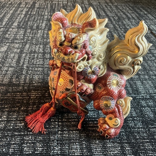 昭和レトロ 九谷焼 太吉 唐獅子 狛犬 獅子 シーサー 金彩 玉乗り獅子