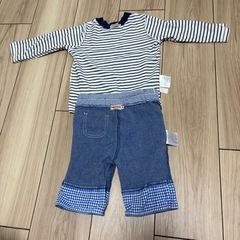 ミキハウス　ボーダー長袖トップス＋デニム切替パンツ　2点セットの画像