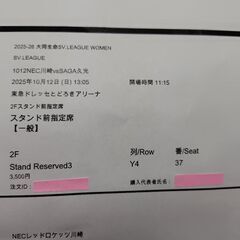 10/12 SVリーグ NEC川崎vsSAGA久光チケット2枚セットの画像
