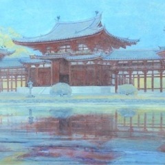 名作！！！京画壇重鎮　橋田二朗先生「平等院鳳凰堂」日本画 12号 大作 阪急百貨店取扱作品 共シール ◆水鏡の平等院  京都上田竹栄堂謹製の画像