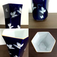 香蘭社/ 六角/ 花瓶/ ルリ/ 蝶々/ フラワーベース/磁器/ 陶磁器/ 花器/ 工芸/ インテリア/ 古美術/ 工芸品 C0EX01050の画像