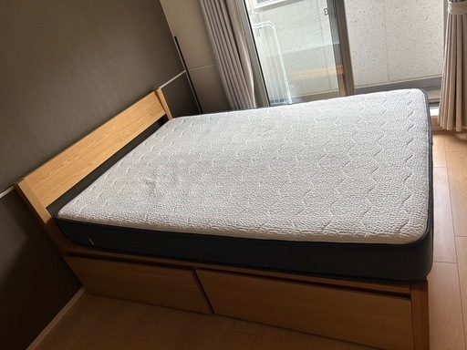 【セット売りのみ（単品不可）】無印良品 木製ダブルサイズベッド・オーク材用ベッド下収納２個、NELL ダブルマットレス