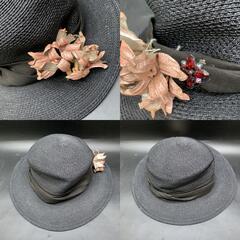 O396　DEBORAH HARPER デボラハーパー ブラック黒 花飾り付き クラシック ぼうし麦わら帽子　レディースハットの画像